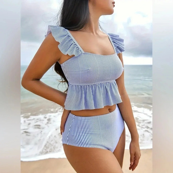 Blue & White Pinstripe Ruffle Two-Piece Bikini Set | High Waist | NWT - Picture 1 of 4